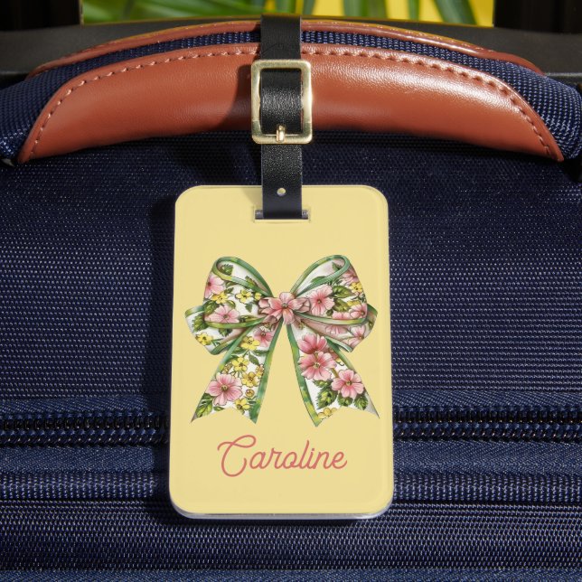 Étiquette À Bagage Preppy Pink and Green Floral Bow Personalized (Insitu Rectoal 2)