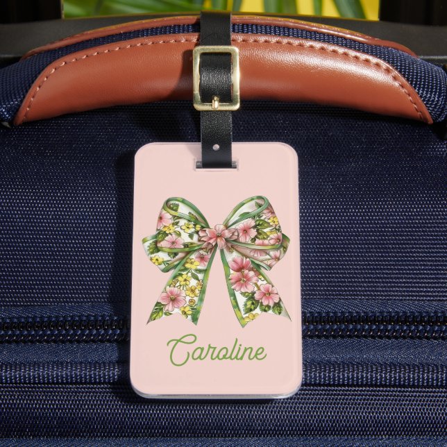 Étiquette À Bagage Preppy Pink and Green Floral Bow Personalized (Insitu Rectoal 2)