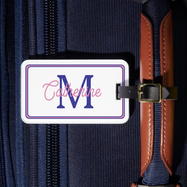 Étiquette À Bagage Preppy Pink and Navy Blue Simple Monogram (Insitu Rectoal 4)