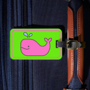 Étiquette À Bagage Preppy Pink et Green Whale Personnalisé