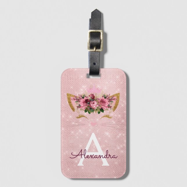 Étiquette À Bagage Princesse Monogramme Étincelle Chat Rose (Devant Vertical)