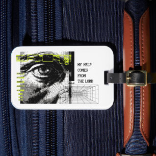 Étiquette À Bagage Psaume 121:2 Neon Lime Œil de Dieu CRT Glitch Art