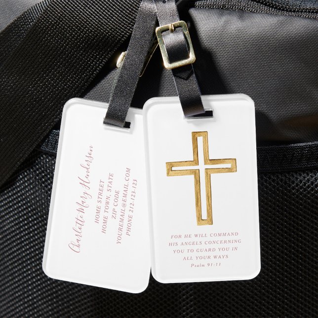 Étiquette À Bagage Psaume 91:11 Bible Verse Religieux Croix rose Écri (Psalm 91:11 Bible Verse Religious Cross Pink Scrip Luggage Tag)