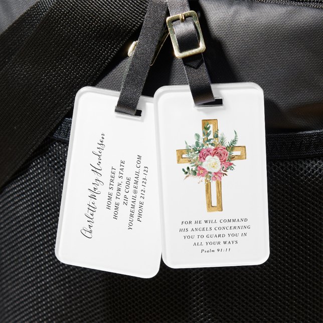 Étiquette À Bagage Psaume 91:11 Bible Verse Religious Peonies Cross (Psalm 91:11 Bible Verse Religious Peonies Cross Luggage Tag)