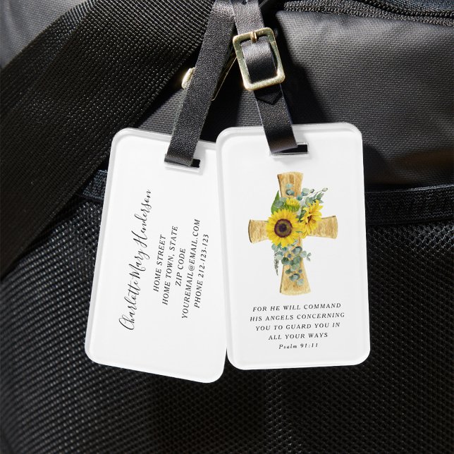 Étiquette À Bagage Psaume 91:11 Verse Bible Croix des tournesols reli (Psalm 91:11 Bible Verse Religious Sunflowers Cross Luggage Tag)
