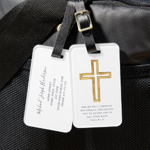 Étiquette À Bagage Psaume 91:11 Verset biblique Croix religieuse Bleu