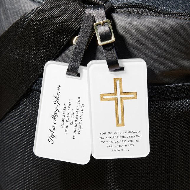 Étiquette À Bagage Psaume biblique 91:11 Voyage béni Croix religieuse (Bible Psalm 91:11 Blessed Travel Religious Cross Luggage Tag)