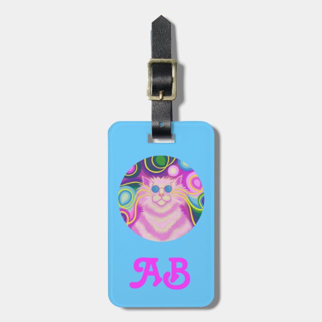 Étiquette À Bagage Psy-cat-delic Pink Round 'initials' bagage bleu (Devant Vertical)