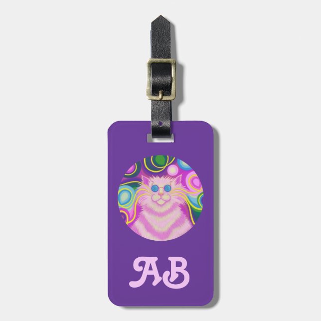 Étiquette À Bagage Psy-cat-delic Pink Round 'initials' bagage violet (Devant Vertical)