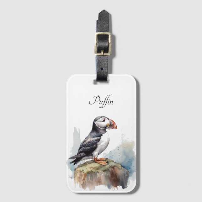 Étiquette À Bagage Puffin sur une aquarelle rocheuse, personnalisé (Devant Vertical)