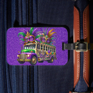 ÉTIQUETTE À BAGAGE PURPLE & GREEN MARDI GRAS BUS & FEATHERS