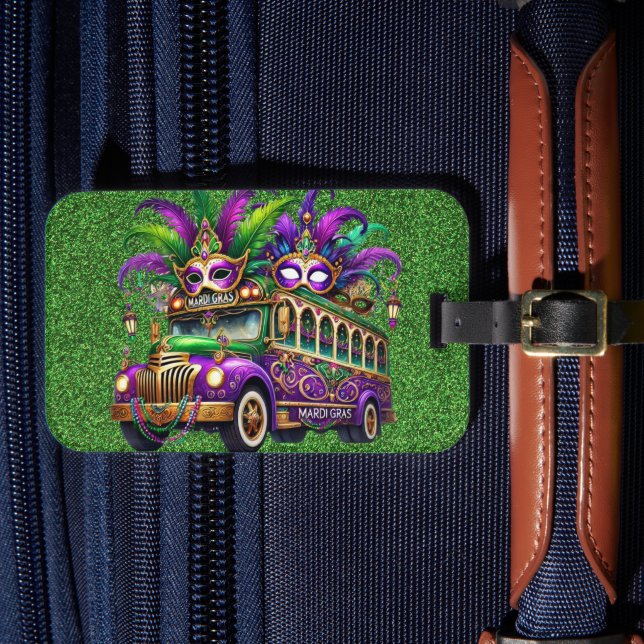 ÉTIQUETTE À BAGAGE PURPLE & GREEN MARDI GRAS BUS & FEATHERS (Insitu Rectoal 4)