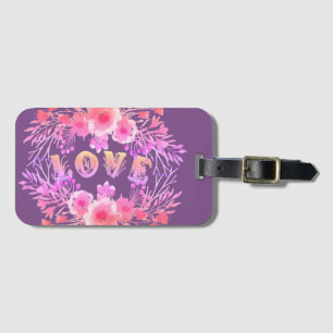 Étiquette À Bagage Purple LOVE dans l'aquarelle Fleurs