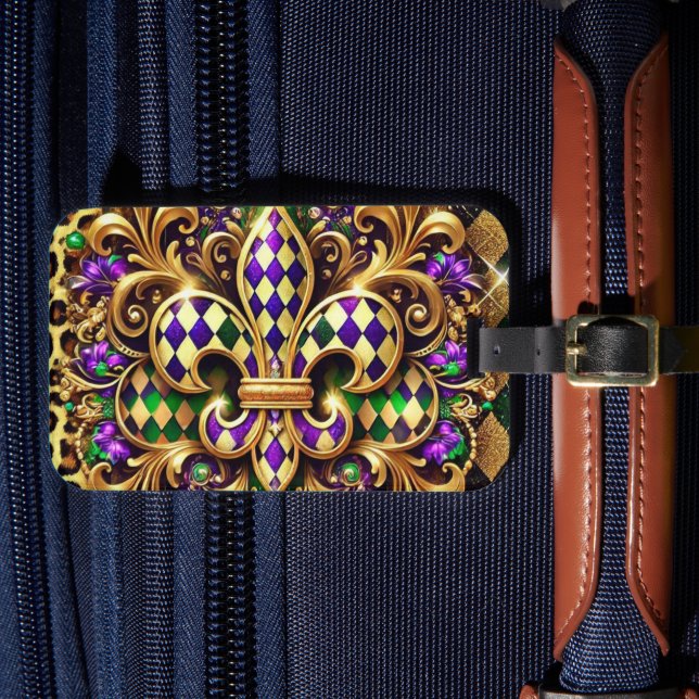 ÉTIQUETTE À BAGAGE PURPLE OR VERT MARDI GRAS FLEUR DE LIS (Insitu Rectoal 4)