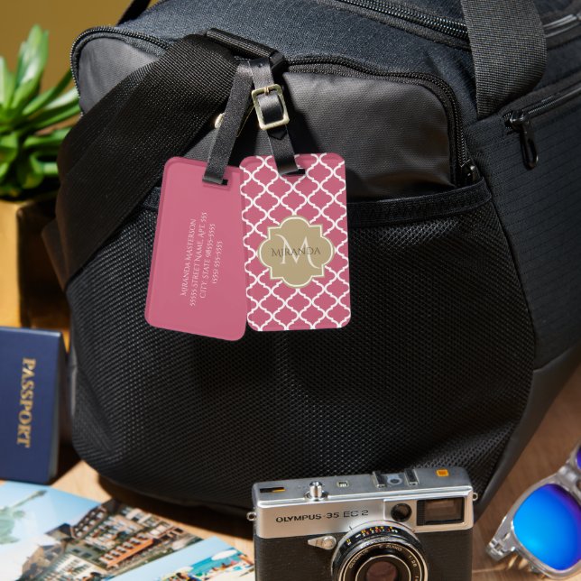 Étiquette À Bagage Quatrefoil rose avec Monogramme de fille et nom (Recto & Verso)