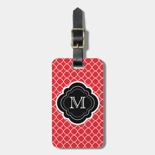 Étiquette À Bagage Quatrefoil rouge avec le monogramme noir (Devant Vertical)