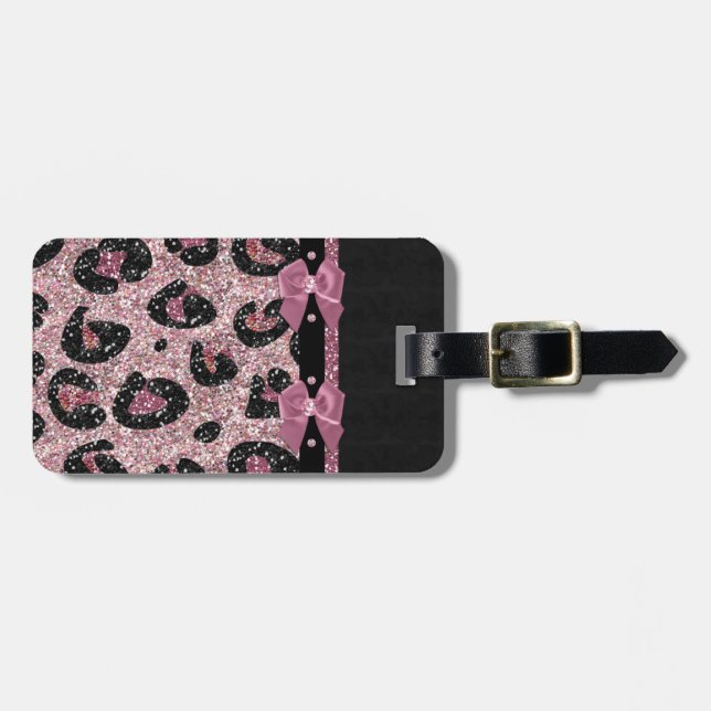 Étiquette À Bagage RAB Rockabilly Pink Leopard Ribbon Bows (Devant horizontal)