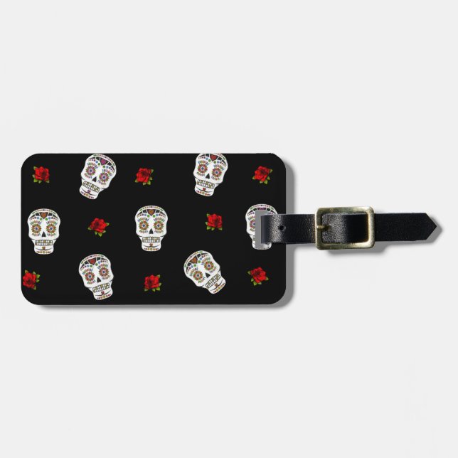 Étiquette À Bagage RAB Rockabilly Sugar Skulls Roses sur fond noir (Devant horizontal)