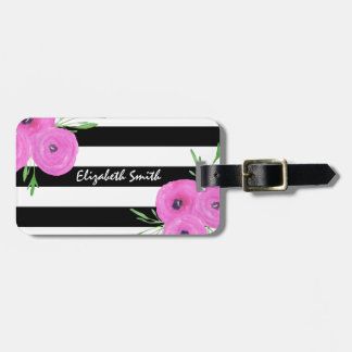 Étiquette À Bagage Ranunculus floral noir blanc