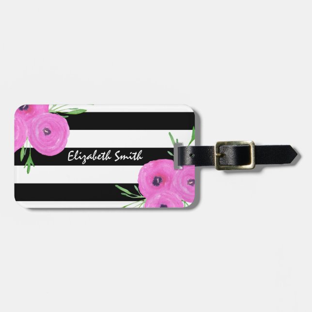 Étiquette À Bagage Ranunculus floral noir blanc (Devant horizontal)