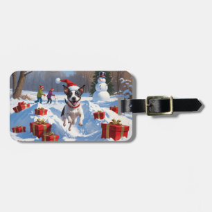 Étiquette À Bagage Rat Terrier courant dans la neige avec un chapeau