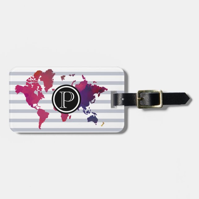 Étiquette À Bagage Rayé chic moderne d'initiale de monogramme de (Devant horizontal)