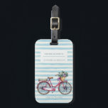 Étiquette À Bagage Rayé de bicyclette d'aquarelle assez personnalisé<br><div class="desc">Étiquette personnalisée mignonne et féminine de bagage avec les rayures bleues en pastel d'aquarelle et bicyclette avec le panier de fleur.</div>