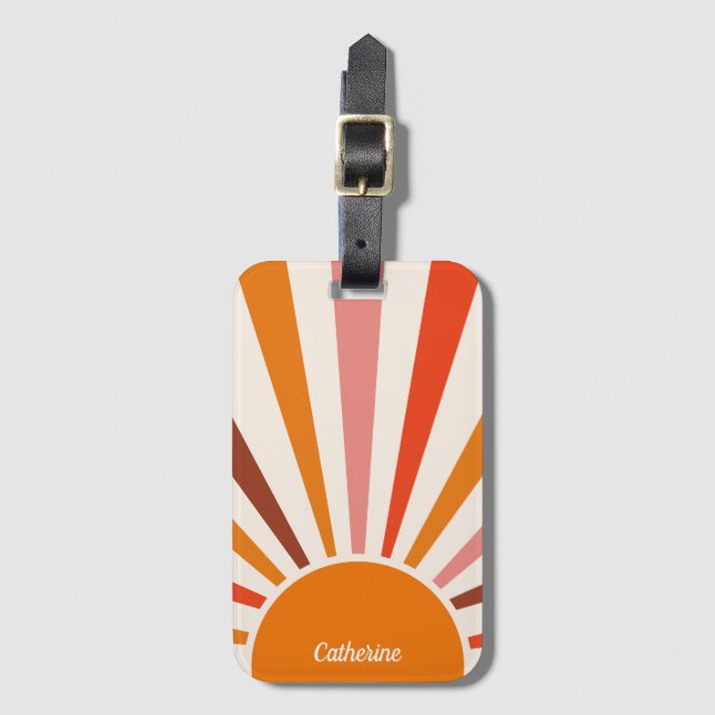 Étiquette À Bagage Rayons Soleil Rétro Coucher Soleil Orange Mi-Siècl (Devant Vertical)