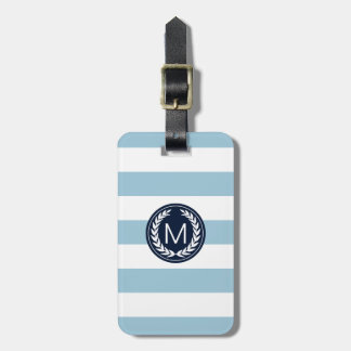 Étiquette À Bagage Rayure bleu-clair avec le monogramme de guirlande