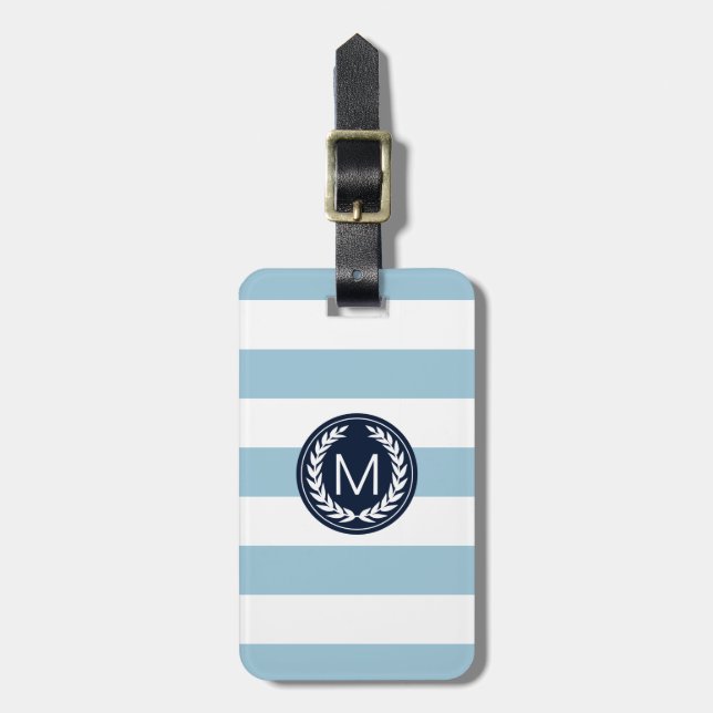 Étiquette À Bagage Rayure bleu-clair avec le monogramme de guirlande (Devant Vertical)
