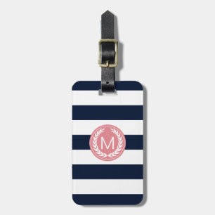 Étiquette À Bagage Rayure de bleu marine avec le monogramme rose de
