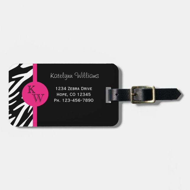 Étiquette À Bagage Rayure de zèbre de monogramme avec l'étiquette (Devant horizontal)