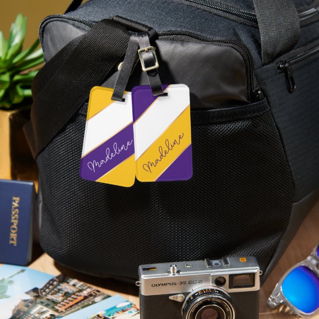 Étiquette À Bagage Rayure dorée jaune blanc violet personnalisée (Recto & Verso)