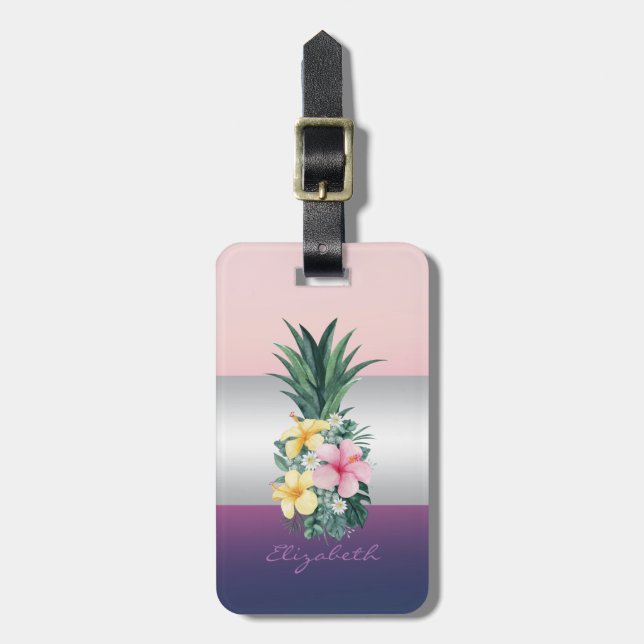 Étiquette À Bagage Rayure Féminine, Fleurs Tropicales Ananas (Devant Vertical)