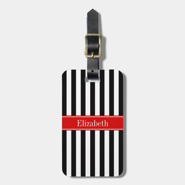 Étiquette À Bagage Rayure Noir Blanc Ruban Rouge Nom Monogramme (Devant Vertical)