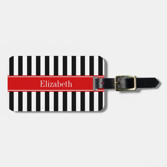 Étiquette À Bagage Rayure Noir Blanc Ruban Rouge Nom Monogramme (Devant horizontal)
