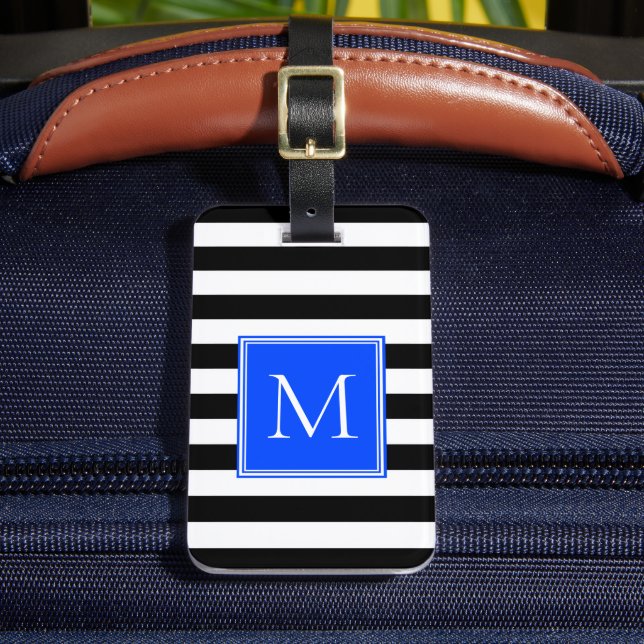 Étiquette À Bagage Rayure noir et blanc avec monogramme cobalt (Insitu Rectoal 2)