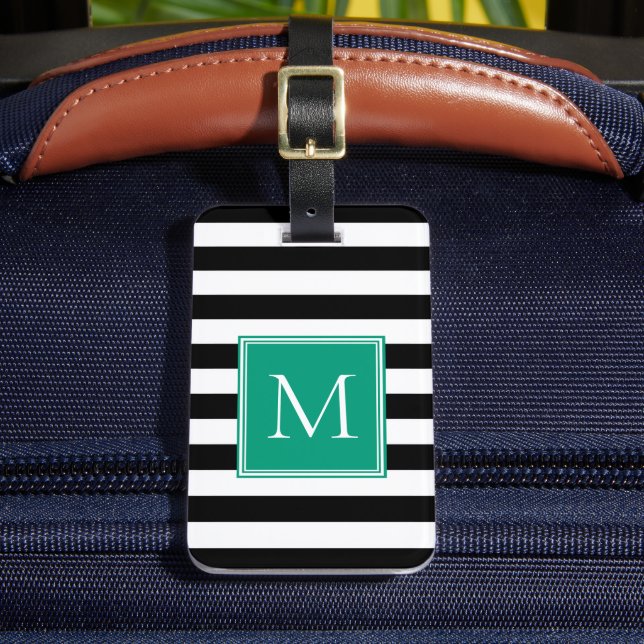 Étiquette À Bagage Rayure noir et blanc avec monogramme émeraude (Insitu Rectoal 2)