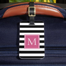 Rayure noir et blanc avec monogramme rose vif