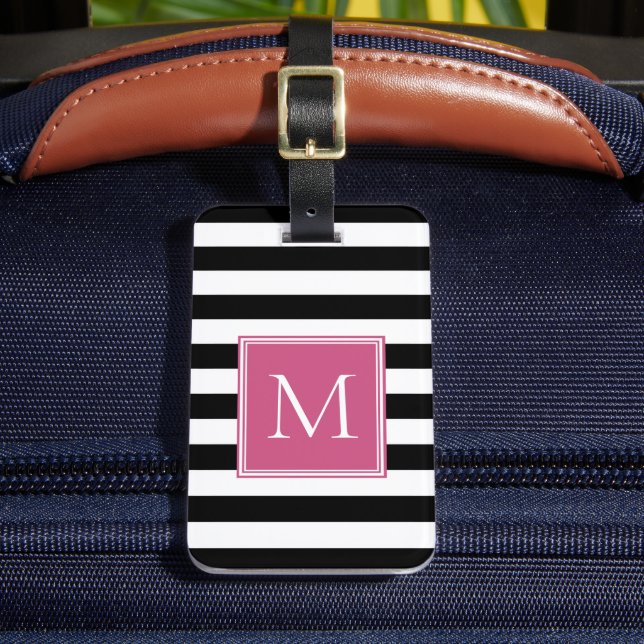 Étiquette À Bagage Rayure noir et blanc avec monogramme rose vif (Insitu Rectoal 2)