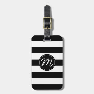 Étiquette À Bagage Rayure noire et blanche avec le monogramme noir