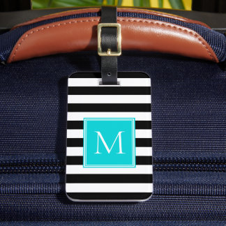Étiquette À Bagage Rayure noire et blanche avec monogramme aqua