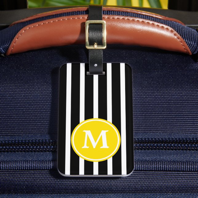 Étiquette À Bagage Rayure noire et blanche avec monogramme jaune (Insitu Rectoal 2)