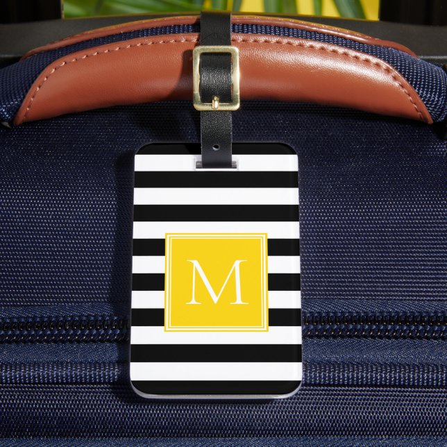 Étiquette À Bagage Rayure noire et blanche avec monogramme jaune sole (Insitu Rectoal 2)