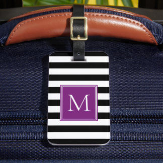 Étiquette À Bagage Rayure noire et blanche avec monogramme prune