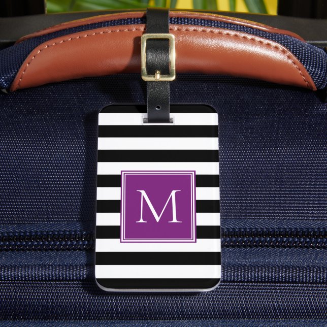 Étiquette À Bagage Rayure noire et blanche avec monogramme prune (Insitu Rectoal 2)