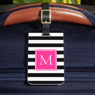 Étiquette À Bagage Rayure noire et blanche avec monogramme rose vif
