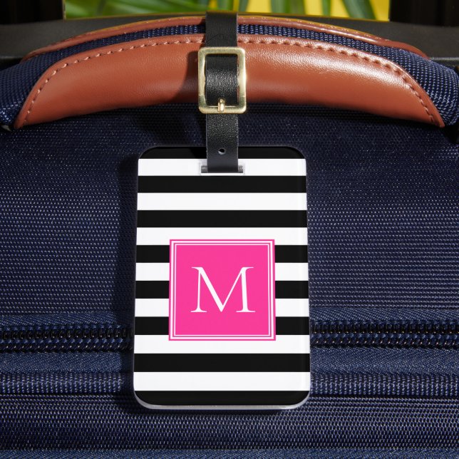 Étiquette À Bagage Rayure noire et blanche avec monogramme rose vif (Insitu Rectoal 2)