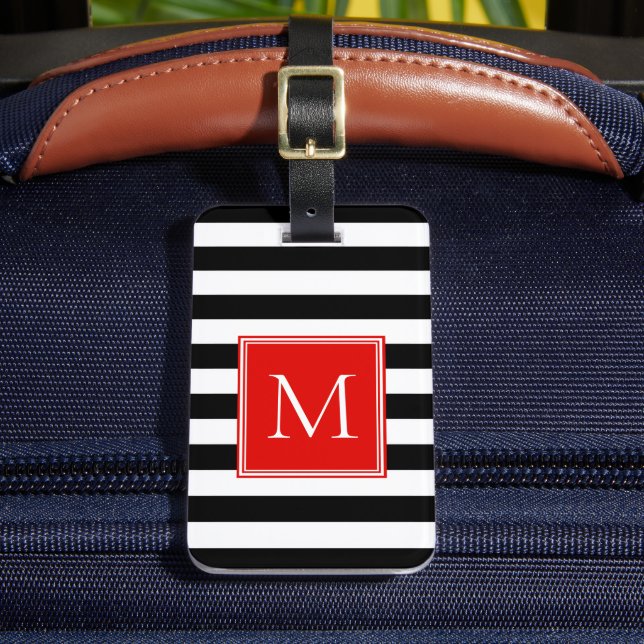 Étiquette À Bagage Rayure noire et blanche avec monogramme rouge (Insitu Rectoal 2)