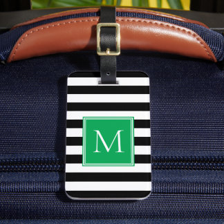 Étiquette À Bagage Rayure noire et blanche avec monogramme vert kaki